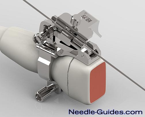 A needle guide mounted on a phased array ultrasound transducer.