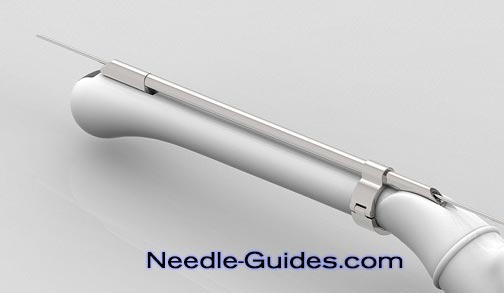 A needle guide mounted on a transvaginal ultrasound transducer.